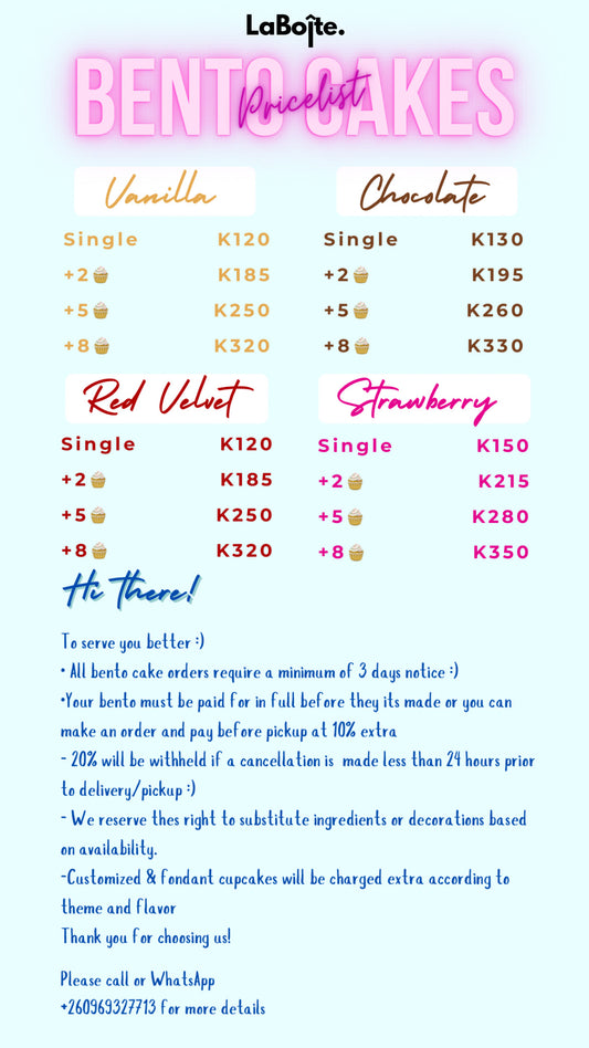 Bento Cakes menu