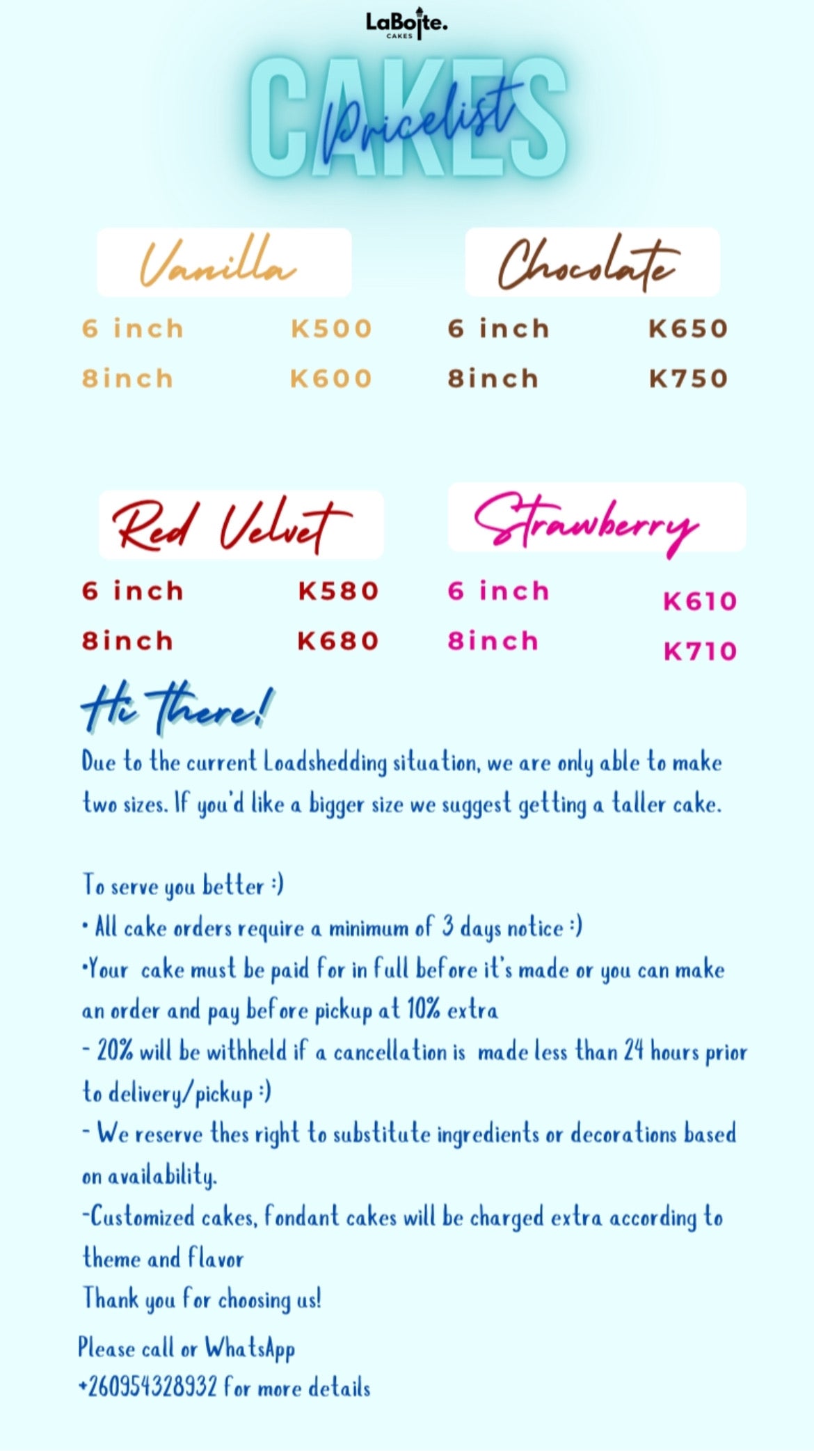 Cakes Menu